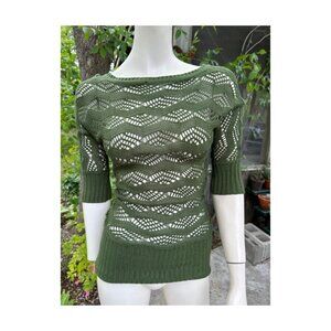 Y2K Dynamite Green Open Knit Fitted Top Tunic Boat Neck 1/2 Sleeve Sheer Sz XS